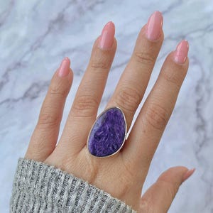 Charoite Adjustable Ring / 925 Sterling Silver Ring / Healing Gemstone / Gifts for her / Fancy Cab / Statement Charoite Adjustable Ring