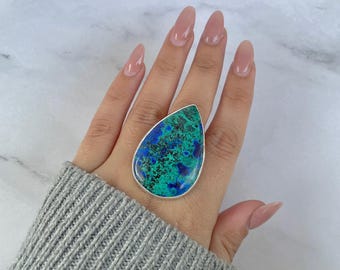 Azurite Malachite Adjustable Ring / 925 Sterling Silver / Healing Gemstone / Malachite / Gift for her / Pear Cab / Statement Ring AZM-R-121.
