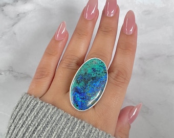 Azurite Malachite Adjustable Ring / 925 Sterling Silver / Healing Gemstone / Malachite / Gift for her / Oval Cab / Statement Ring AZM-R-106.