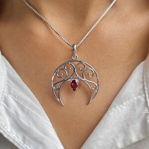 Garnet Crescent Moon Pendant / 925 Sterling Silver / Healing Gemstone / Gifts for her / Pear Cut / Dainty Garnet Crescent Moon Pendant