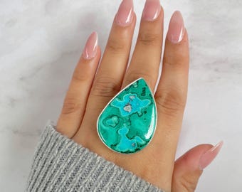 Azurite Malachite Adjustable Ring / 925 Sterling Silver / Healing Gemstone / Malachite / Gifts for her / Pear Cab / Statement Ring AZM-R-26.