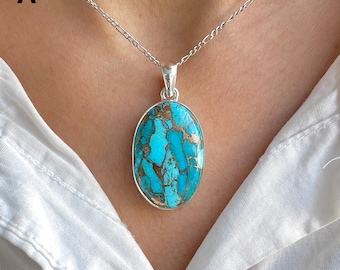 Mojave Copper Turquoise Pendant Necklace / 925 Sterling Silver / Healing Gemstone / Gift for her / Oval Cab / Statement Pendant