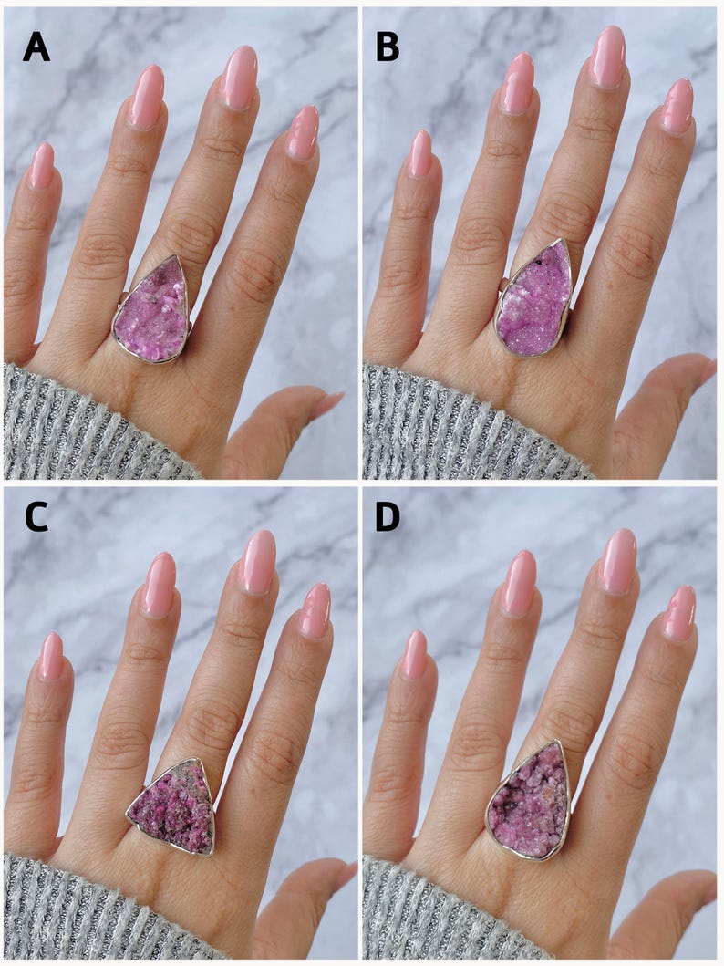 May include: Four images showcasing rings with large, irregular, pink gemstones set in silver-colored metal. The gemstones have a textured, crystalline appearance. The rings are displayed on a hand with pink nail polish, against a gray sweater.