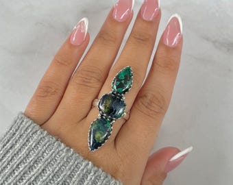Azurite Malachite Adjustable Ring / 925 Sterling Silver / Healing Gemstone / Malachite / Gifts for her / Pear Cab / Statement Ring AZM-R-81.