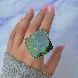 64 CARATS Ammolite Ring / 925 Sterling Silver Ring/ Healing Gemstone/ Gifts for her/ Large Ammolite / Natural Ammolite Adjustable Ring