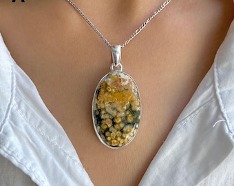 Collar con colgante de jaspe oceánico / Plata de ley 925 / Piedra preciosa curativa / Regalos para ella / Joyería de jaspe oceánico natural / Colgante llamativo