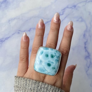 132.5 Ct Larimar Adjustable Ring / 925 Sterling Silver / Healing Gemstone / Gifts for her / Octagon / Larimar Jewelry / Statement Larimar