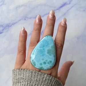 118.5 Ct Larimar Adjustable Ring / 925 Sterling Silver / Healing Gemstone / Gifts for her / Fancy / Larimar Jewelry / Statement Larimar Ring