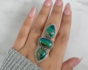 Azurite Malachite Adjustable Ring / 925 Sterling Silver / Healing Gemstone / Malachite / Gifts for her / Pear Cab / Statement Ring AZM-R-54.