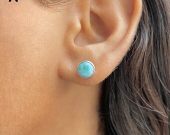 Larimar Stud Earrings / 925 Sterling Silver / Healing Gemstone / Gift for her / Round Cab / Natural Larimar Jewellery / Statement Earrings