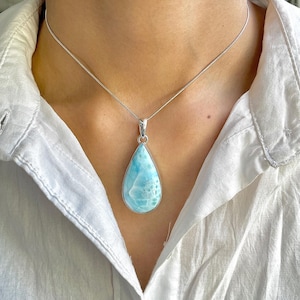 Larimar Pendant / 925 Sterling Silver Pendant / Healing Gemstone / Gifts for her / Pear Cab / Larimar Jewellery / Statement Larimar Pendant