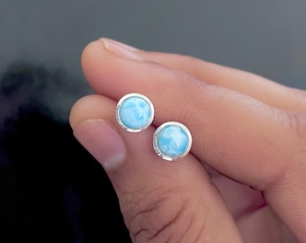 Larimar Stud Earrings / 925 Sterling Silver / Healing Gemstone / Gifts For Her / Larimar Jewelry / Round Cab / Dainty Earrings LAR-SE-1073.