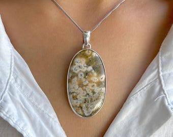 Collar con colgante de jaspe oceánico / Plata de ley 925 / Piedra preciosa curativa / Regalos para ella / Joyería de jaspe oceánico natural / Colgante llamativo