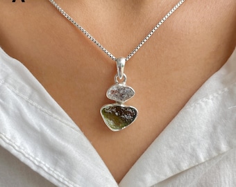Moldavite, Herkimer Diamond Pendant Necklace / 925 Sterling Silver / Healing Gemstone / Gift For Her / Moldavite Jewelry / Statement Pendant