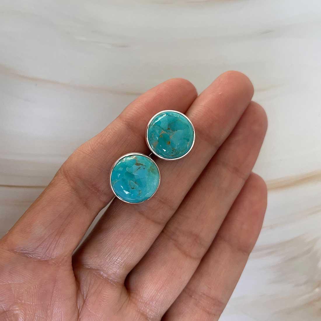 Mojave Turquoise Stud Earring / 925 Sterling Silver / Healing Gemstone / Gifts For Her / Round Cab / Statement Mojave Turquoise Stud Earring