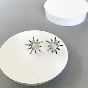Opal, White Topaz Stud Earring / 925 Sterling Silver Earring / Healing Gemstone / Opal / Gift For Her / Round Cab / Dainty Opal Stud Earring