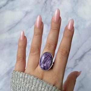 Charoite Adjustable Ring / 925 Sterling Silver Ring / Healing Gemstone / Gifts for her / Oval Cab / Statement Charoite Adjustable Ring