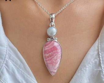 Rhodochrosite Pendant / 925 Sterling Silver / Healing Gemstone / Gifts for her / Rhodochrosite / Pear  Cab / Statement Pendant