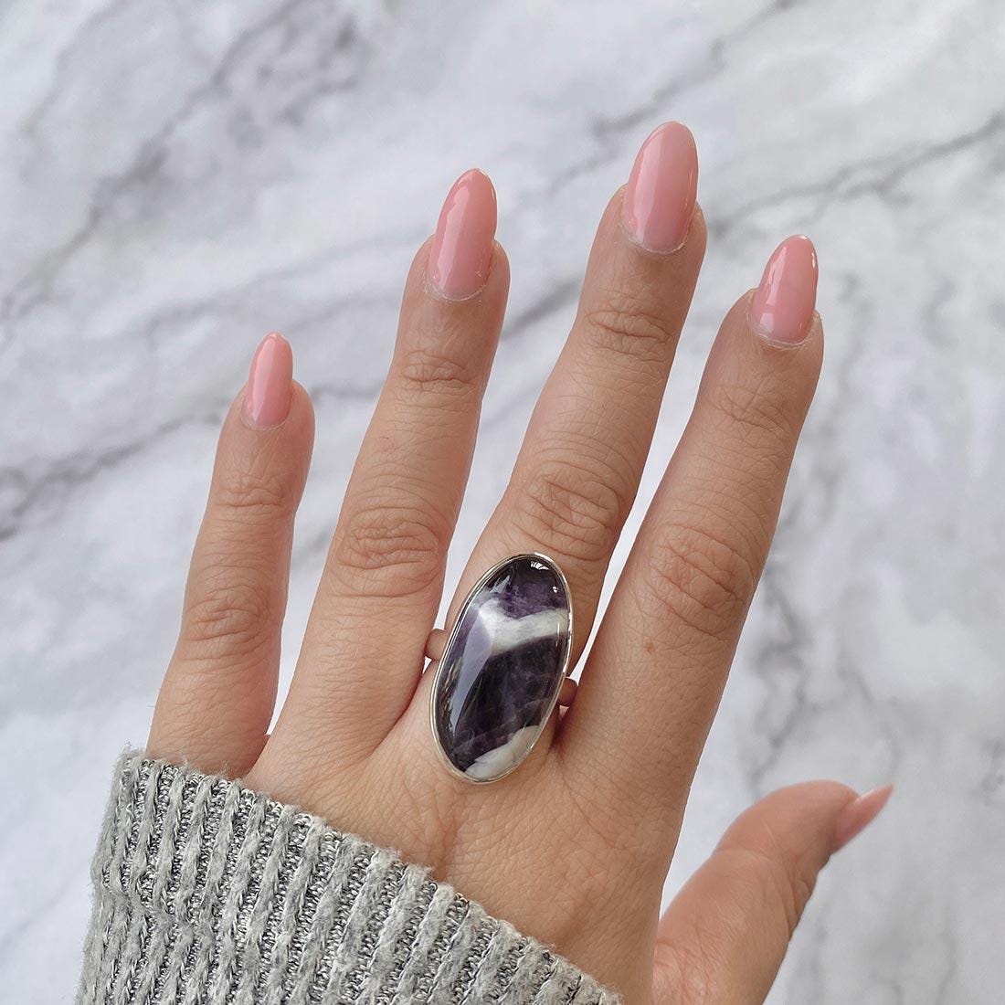 Amethyst Lace Agate Adjustable Ring / 925 Sterling Silver / Healing Gemstone / Gifts for her / Oval Cab / Statement Amethyst Lace Agate Ring