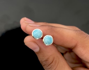 Larimar Stud Earrings / 925 Sterling Silver / Healing Gemstone / Gifts For Her / Larimar Jewelry / Round Cab / Dainty Earrings LAR-SE-724.