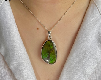 Ammolite Pendant Necklace / 925 Sterling Silver / Healing Gemstone / Gifts for her / Fancy Cab / Ammolite Statement Jewellery