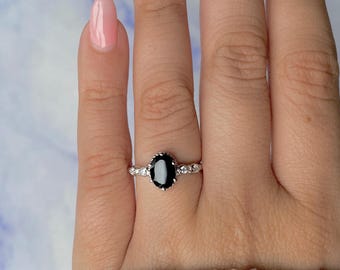 Schwarzer Turmalin, Weißer Topas Ring / 925 Sterling Silber Ring / rhodiniert / Heilstein / ovaler Schliff / zierlicher Ring BLS-SR-2182.