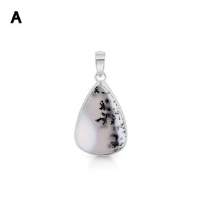 May include: A teardrop-shaped pendant featuring a smooth, translucent white stone with dark, branching dendritic inclusions. The stone is encased in a polished silver-toned metal setting with a small, integrated bail at the top for suspension.