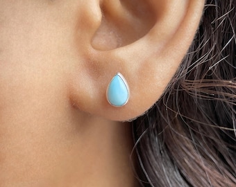 Larimar Stud Earrings / 925 Sterling Silver / Healing Gemstone / Gift for her / Pear Cab / Dominican Larimar Jewelry / Statement Earrings