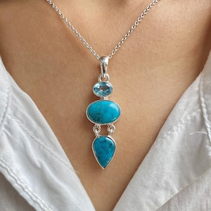 Turquoise / Swiss Blue Topaz Pendant / 925 Sterling Silver / Healing Gemstone / Gifts for her / Pear Cab / Statement Turquoise Pendant