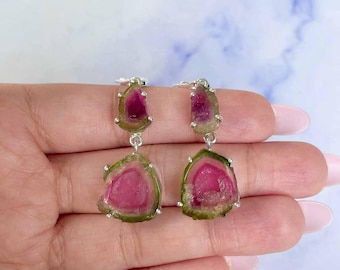 Watermelon Tourmaline Slice Earring / 925 Sterling Silver / Healing Gemstone / Gift for her / Tourmaline Jewellery / Fancy Slice Earring
