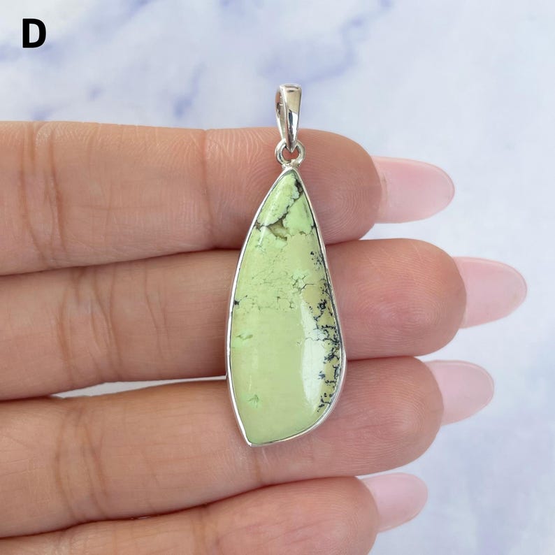 Pu&ograve; includere: Un ciondolo a forma di goccia con una pietra liscia verde lime chiaro caratterizzata da motivi a matrice scuri e ramificati. La pietra &egrave; incastonata in una montatura in metallo color argento lucido con un piccolo gancio argentato in cima.