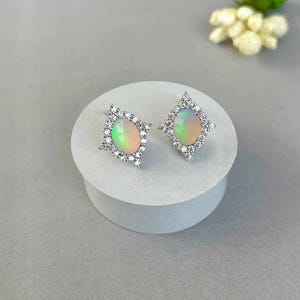 Opal, White Topaz Stud Earring / 925 Sterling Silver Earring / Healing Gemstone / Opal / Gifts For Her / Oval Cab / Dainty Opal Stud Earring