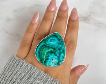 Azurite Malachite Adjustable Ring / 925 Sterling Silver / Healing Gemstone / Malachite / Gifts for her / Pear Cab / Statement Ring AZM-R-33.