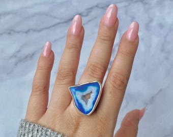 Blue Agate Adjustable Ring / 925 Sterling Silver Ring / Healing Gemstone / Gifts for her / Blue Agate Jewellery / Statement Ring