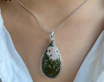 Collar con colgante de jaspe oceánico / Plata de ley 925 / Piedra preciosa curativa / Regalos para ella / Joyería de jaspe oceánico natural / Colgante llamativo