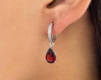Granat, Weißer Topas Ohrring / 925 Sterling Silber / Heilstein / Geschenke für Sie / Tropfen / Ohrring GAR-SE-1223.