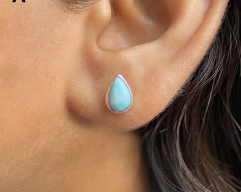 Larimar Stud Earrings / 925 Sterling Silver / Healing Gemstone / Gift for her / Pear Cab  / Dominican Larimar Jewelry / Statement Earrings