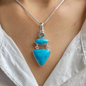 Turquoise / Swiss Blue Topaz Pendant / 925 Sterling Silver / Healing Gemstone / Gifts for her / Marquise Cab / Statement Turquoise Pendant