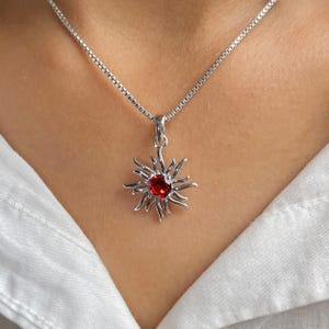Garnet Sun Pendant / 925 Sterling Silver / Healing Gemstone / Garnet Jewellery / Gifts for her / Round Cut / Dainty Garnet Sun Pendant
