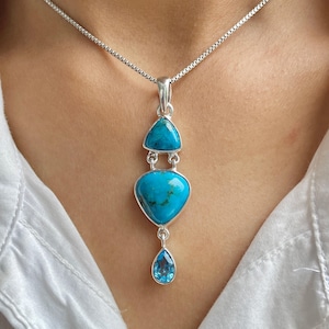 Turquoise / Swiss Blue Topaz Pendant / 925 Sterling Silver / Healing Gemstone / Gifts for her / Trillion Cab / Statement Turquoise Pendant