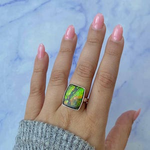 Ammolite Adjustable Ring / 925 Sterling Silver Ring / Healing Gemstone / Gifts for her / Octagon Cab / Statement Ammolite Adjustable Ring