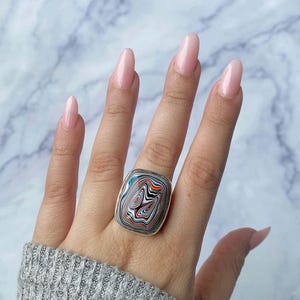 Bague ajustable en fordite / Bague en argent sterling 925 / Pierres précieuses curatives / Cadeaux pour elle / Cabine octogonale / Fordite / Bagues fordite tendance