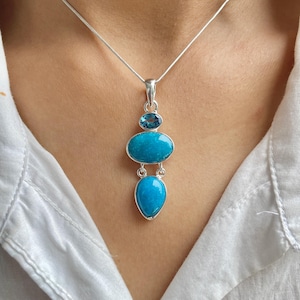 Turquoise / Swiss Blue Topaz Pendant / 925 Sterling Silver / Healing Gemstone / Gifts for her / Pear Cab / Statement Turquoise Pendant