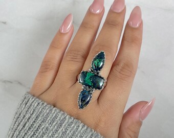 Azurite Malachite Adjustable Ring / 925 Sterling Silver / Healing Gemstone / Malachite / Gifts for her / Pear Cab / Statement Ring AZM-R-49.