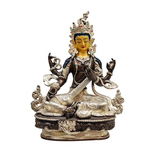9-Inch Saraswati, Buddhist Handmade Statue, Silver And Chocolate Oxidized, Face Painted