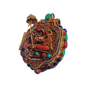3-Inch Silver Tibetan Ghau Box, Gold Plated And Stone Setting