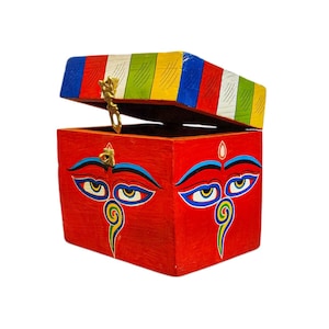 5-Inch Buddhist Wooden Box With Buddha Eye, Tibetan Style With Traditional Colors