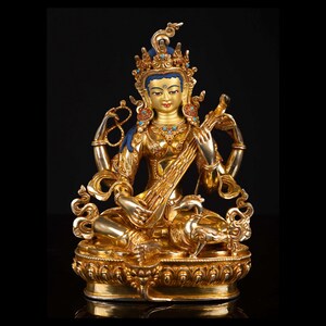 9-Inch Saraswati, Buddhist Handmade Statue, Full Gold Plated, Face Painted, High Quality