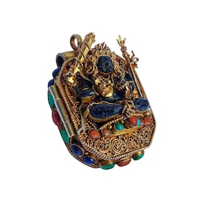 3-Inch Silver Tibetan Ghau Box With Manjushri, Gold Plated And Stone Setting