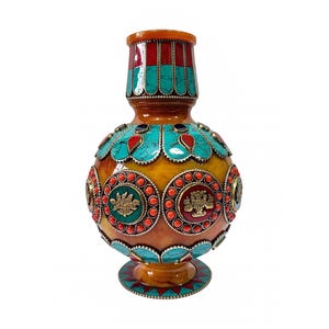 8-Inch Tibetan Gulpa, With Stone Setting, Ashtamangala